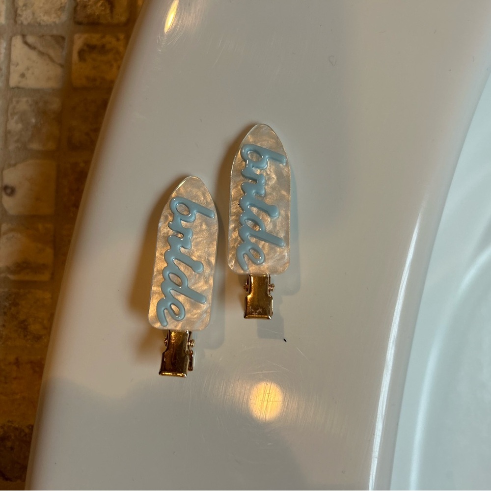 Bride Pearlized Hair Clips with Light Blue Script - Wedding Accessories
